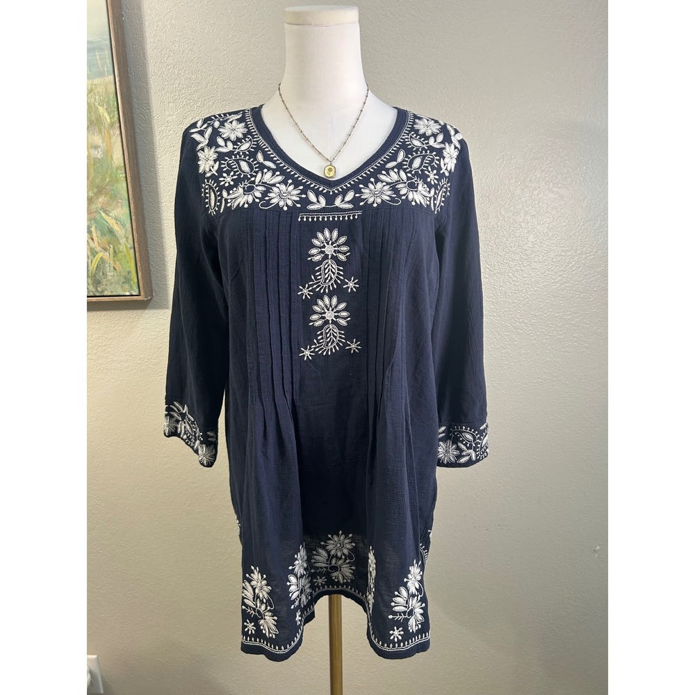 Octavia Navy Blue Floral Embroidered Tunic Boho Cottagecore Peasant Top Size S‎
